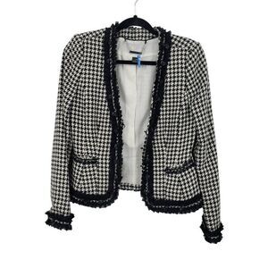 WHBM  Womens Wool Blend Houndstooth Blazer Sz‎ 2 Ruffle Chain Fringe Trim Black